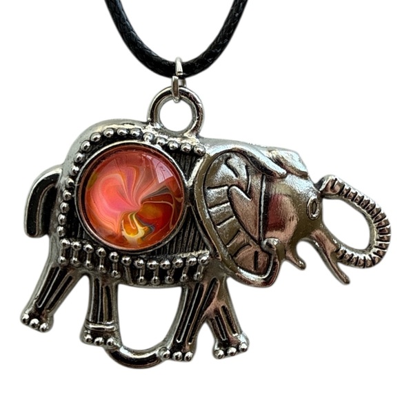 Handmade Orange and Coral Fluid Art Elephant Pendant Necklace One of a Kind